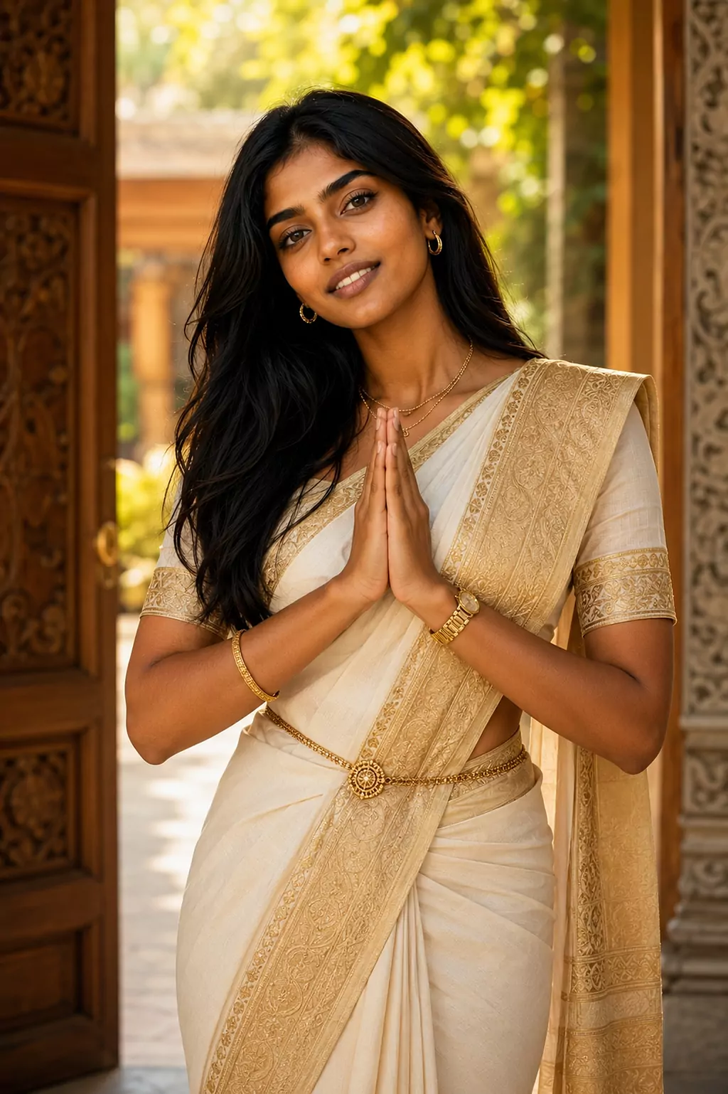 Una donna srilankese in sari saluta con le mani giunte nel gesto ayubowan, sulla soglia di una porta di legno intagliato