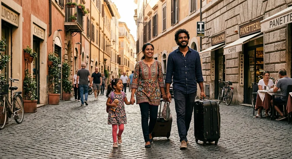 Famiglia srilankese appena arrivata in Italia con le valigie, in una via di Roma