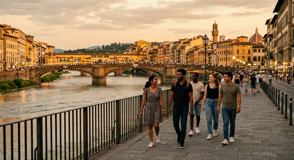Amici passeggiano lungo l'Arno a Firenze al tramonto