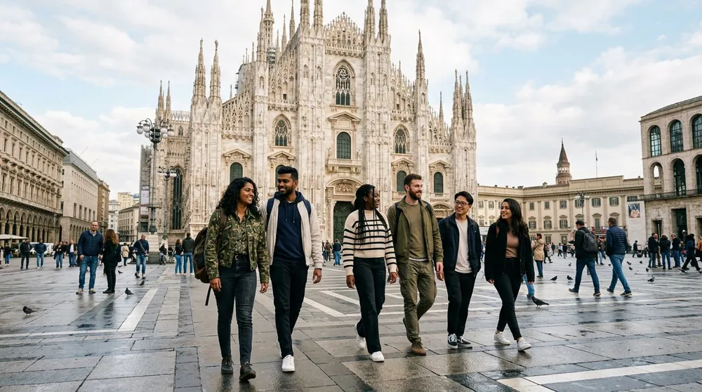 Gruppo di amici srilankesi in Piazza del Duomo a Milano