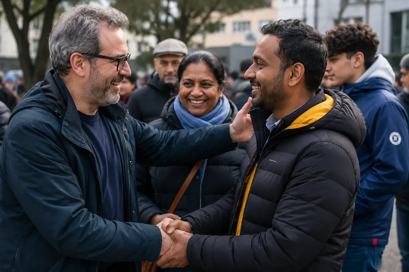 Un uomo italiano e un uomo srilankese si stringono la mano sorridendo in una piazza, accanto a loro una donna srilankese sorride: la comunità srilankese e quella italiana che si incontrano