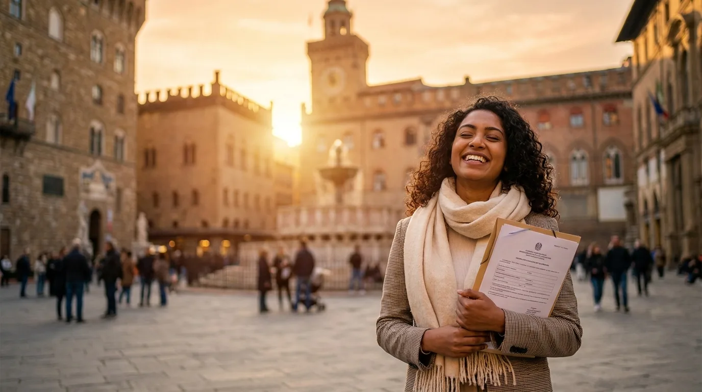 Una donna srilankese attraversa una piazza italiana con i documenti in mano: la burocrazia spiegata nella propria lingua da Easy Italia Hub